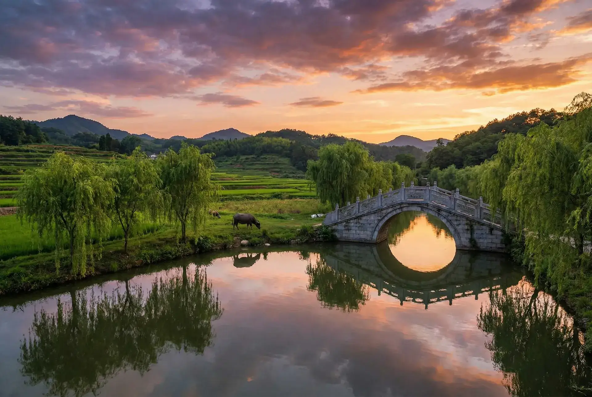 夕阳下的石拱桥与垂柳，水牛在河边吃草 - 色老板最新地址2017影院 乡村美景
